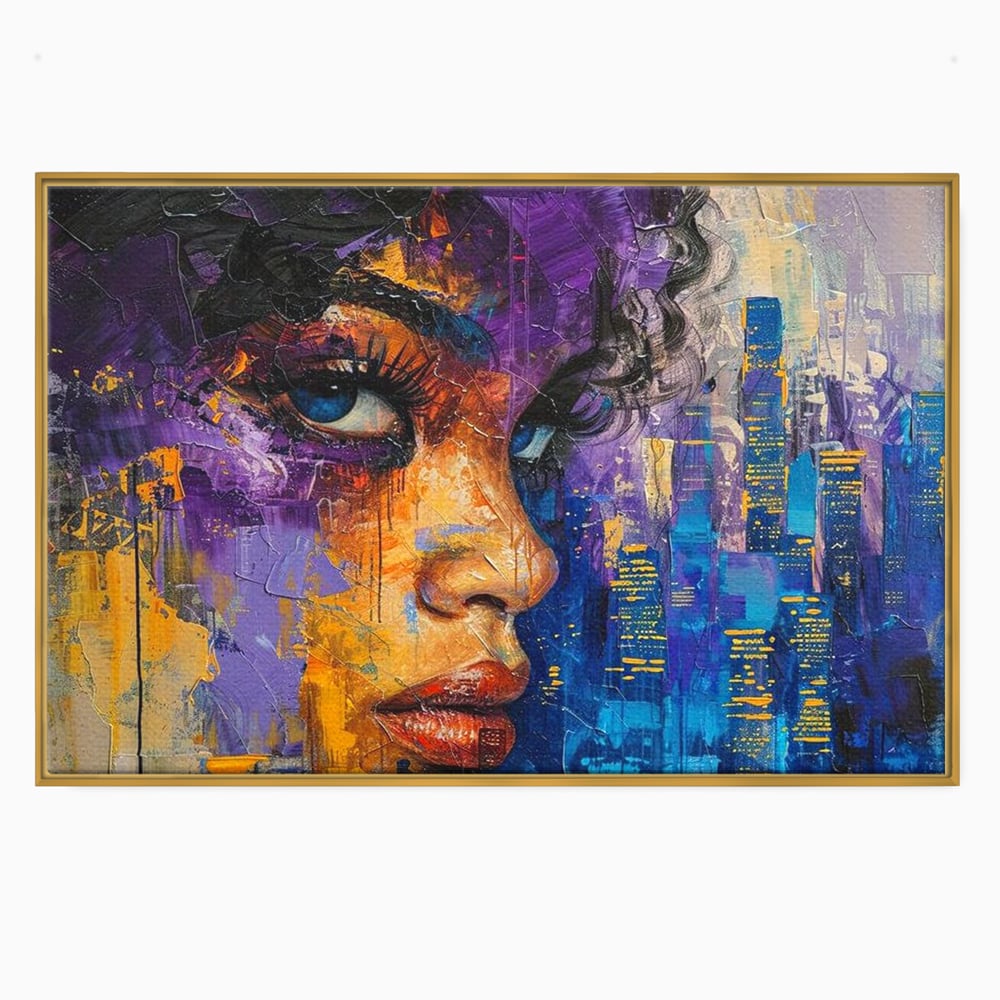Tablou canvas cu pictura digitala cu profil de femeie, in rama de aluminiu auriu