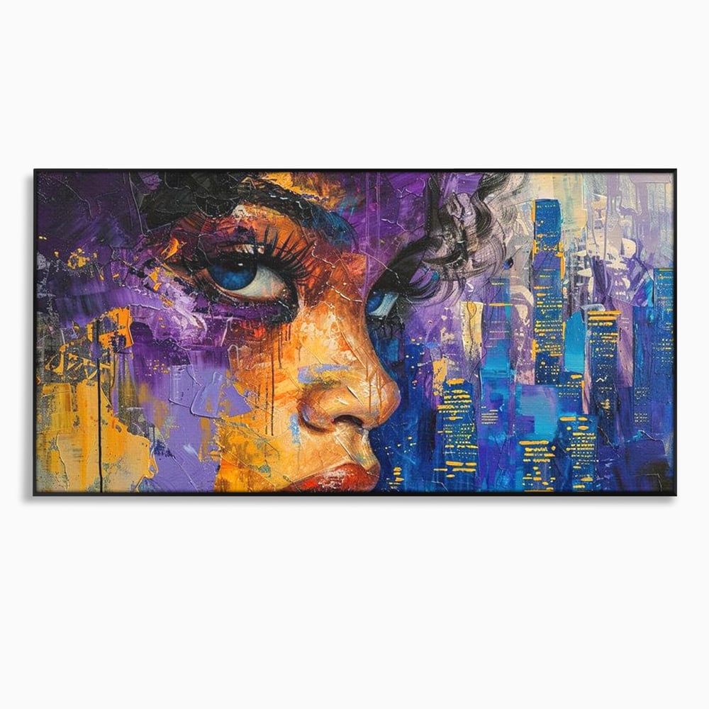 Tablou canvas cu pictura digitala cu profil de femeie, in rama de aluminiu negru