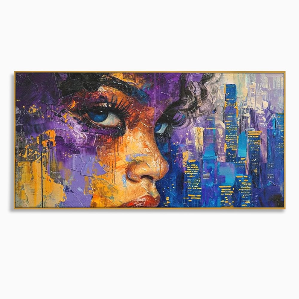 Tablou canvas cu pictura digitala cu profil de femeie, in rama de aluminiu auriu