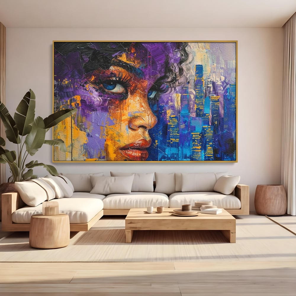 Tablou canvas cu pictura digitala cu profil de femeie, in rama de aluminiu auriu, pe perete intr-un living