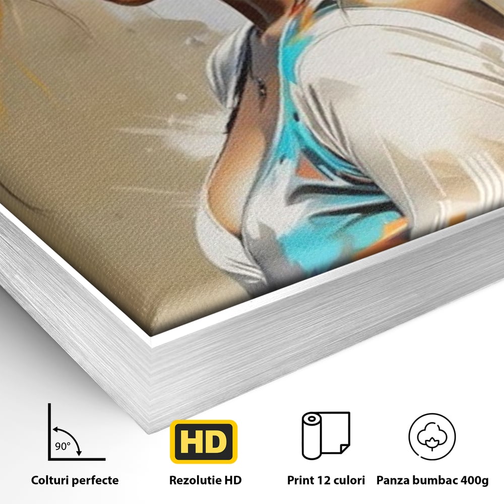 Detaliu al suprafetei: tablou canvas cu portret de femeie, in rama de aluminiu argintiu