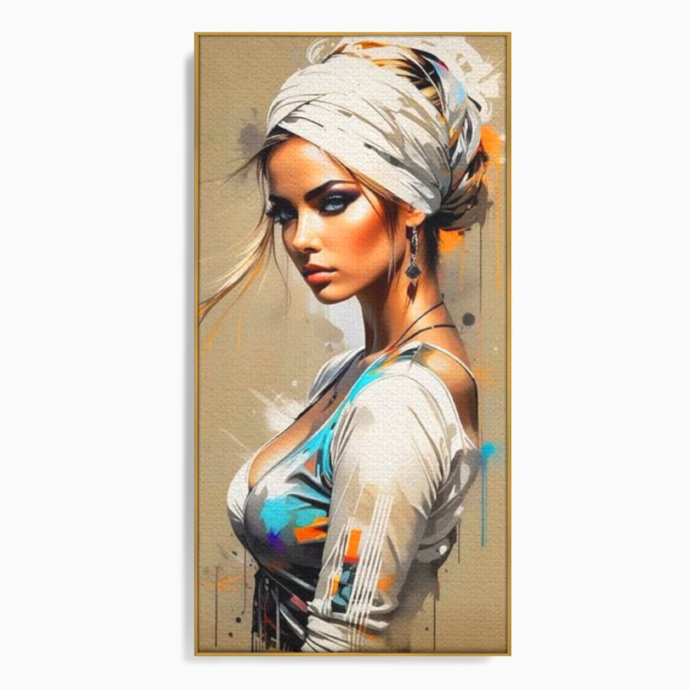 Tablou canvas cu tablou canvas cu portret de femeie, in rama de aluminiu auriu