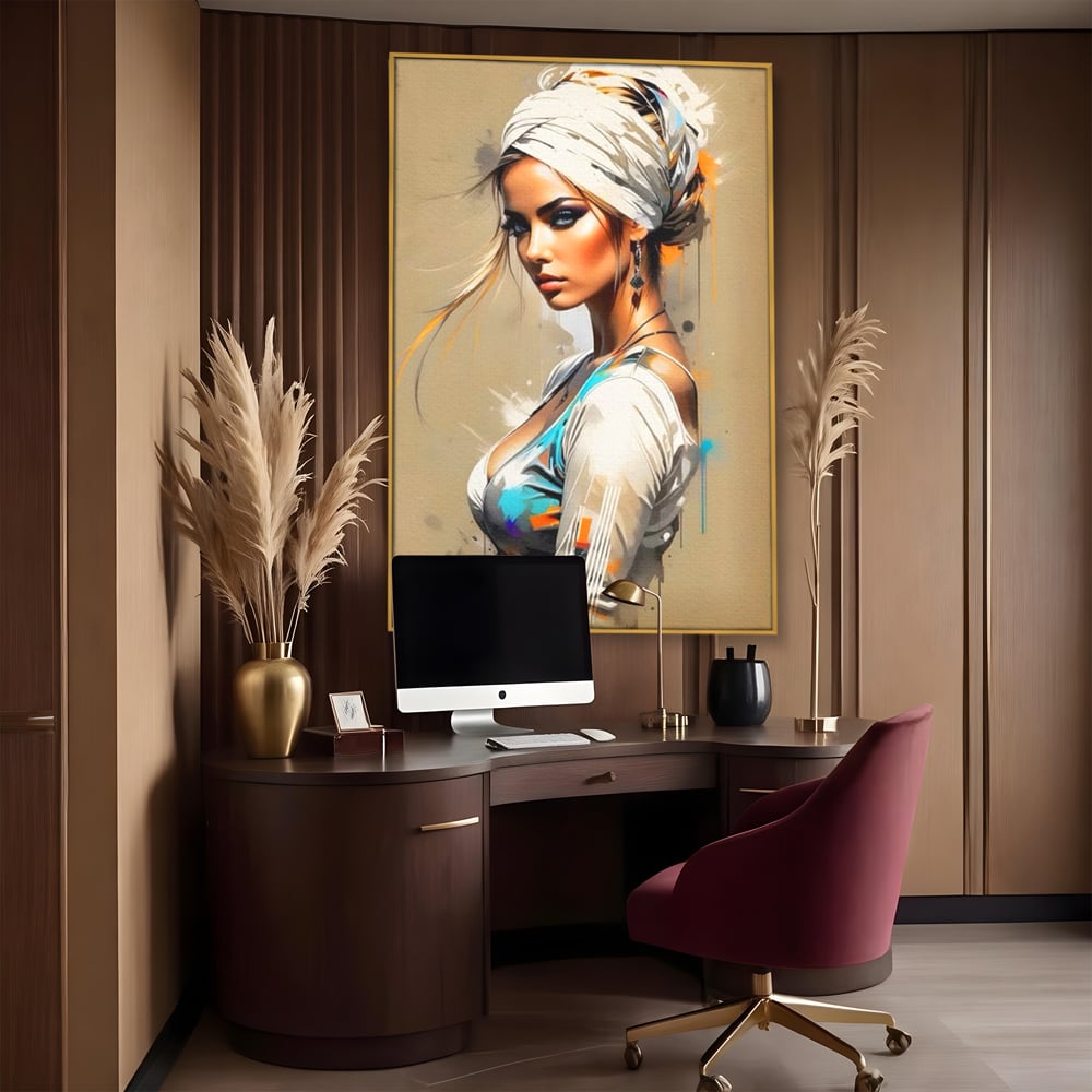 Tablou canvas cu tablou canvas cu portret de femeie, in rama de aluminiu auriu, pe perete intr-un birou