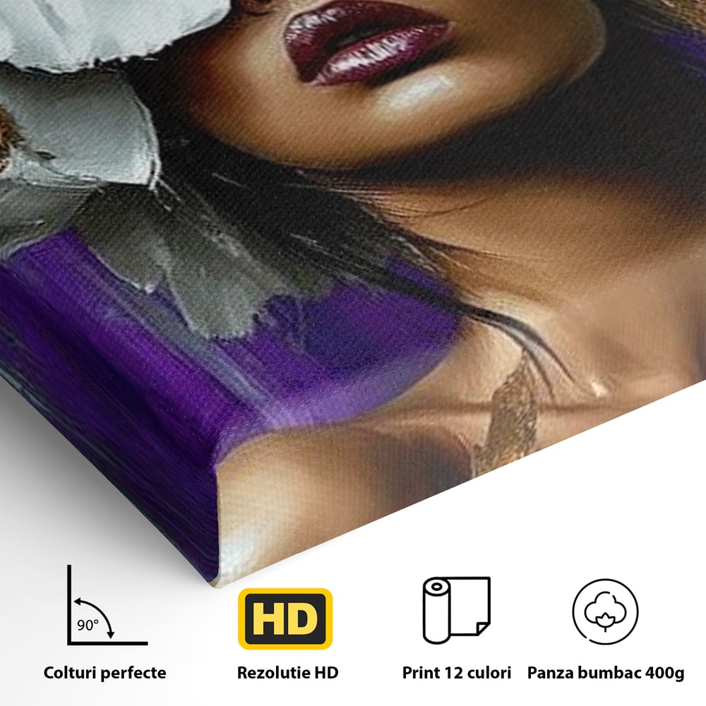 Detaliu al suprafetei: tablou canvas cu femeie si flori albe, fara rama, pe sasiu de lemn