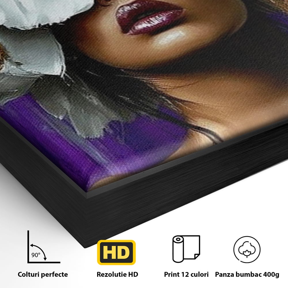 Detaliu al suprafetei: tablou canvas cu femeie si flori albe, in rama de aluminiu negru