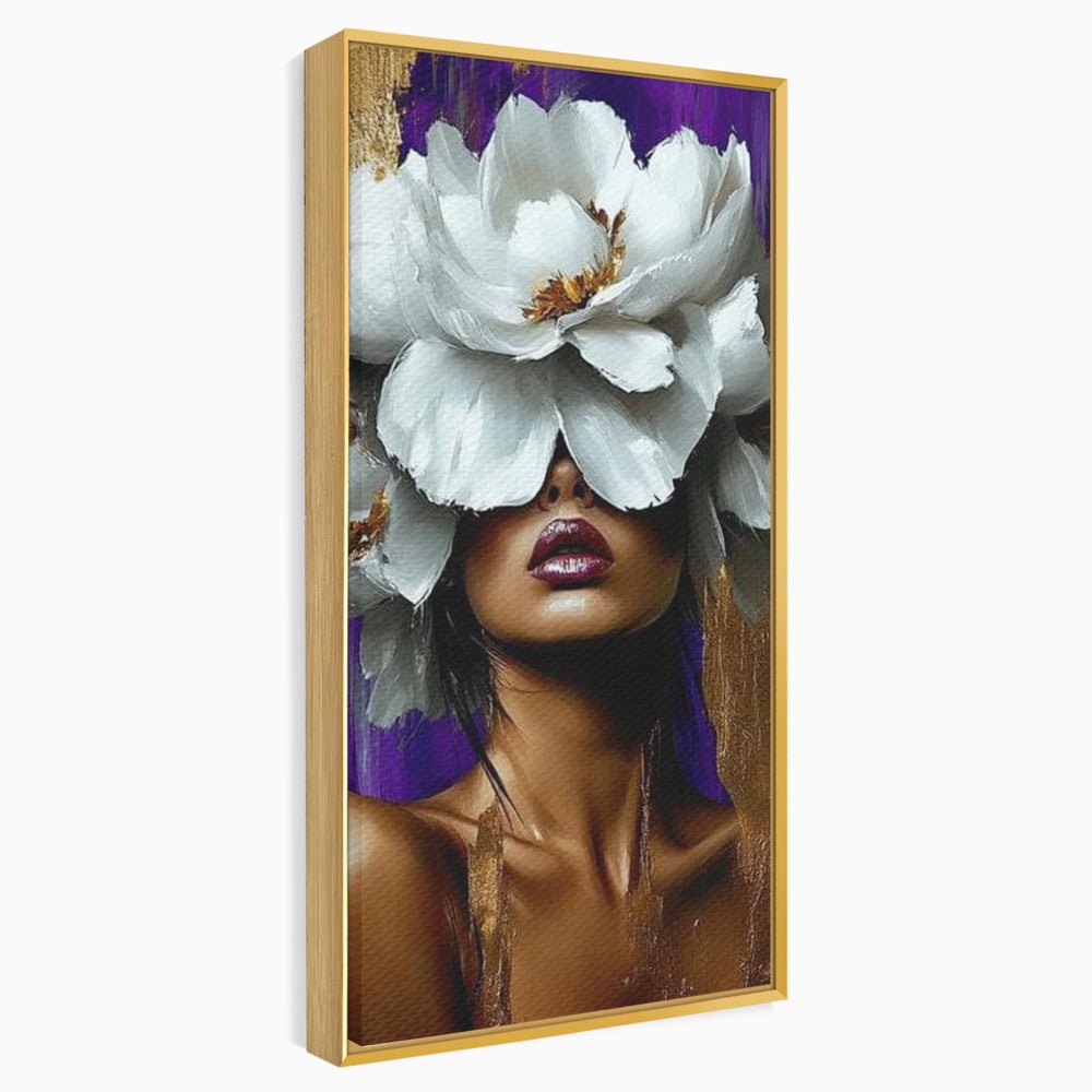 Tablou canvas cu tablou canvas cu femeie si flori albe, in rama de aluminiu auriu