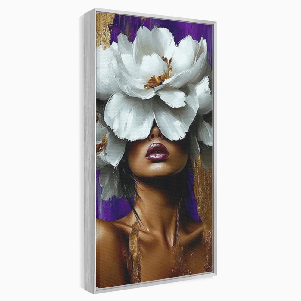 Tablou canvas cu tablou canvas cu femeie si flori albe, in rama de aluminiu argintiu
