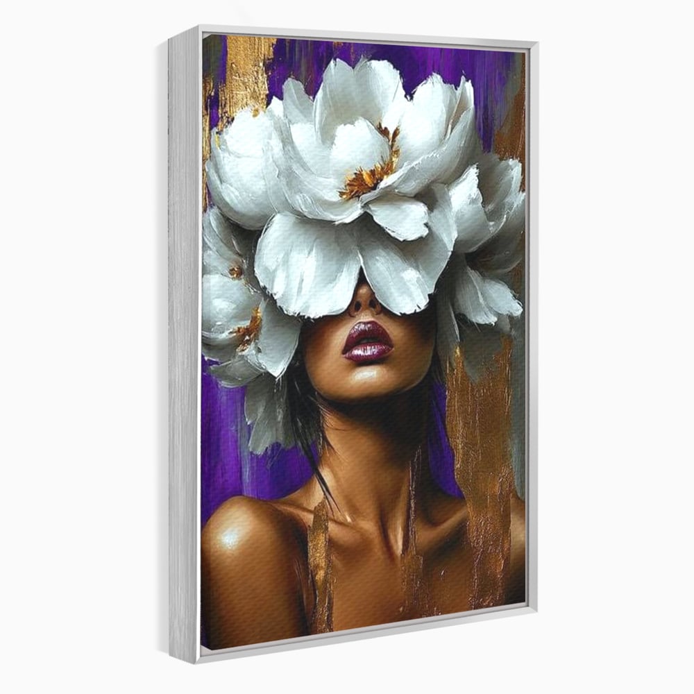 Tablou canvas cu tablou canvas cu femeie si flori albe, in rama de aluminiu argintiu