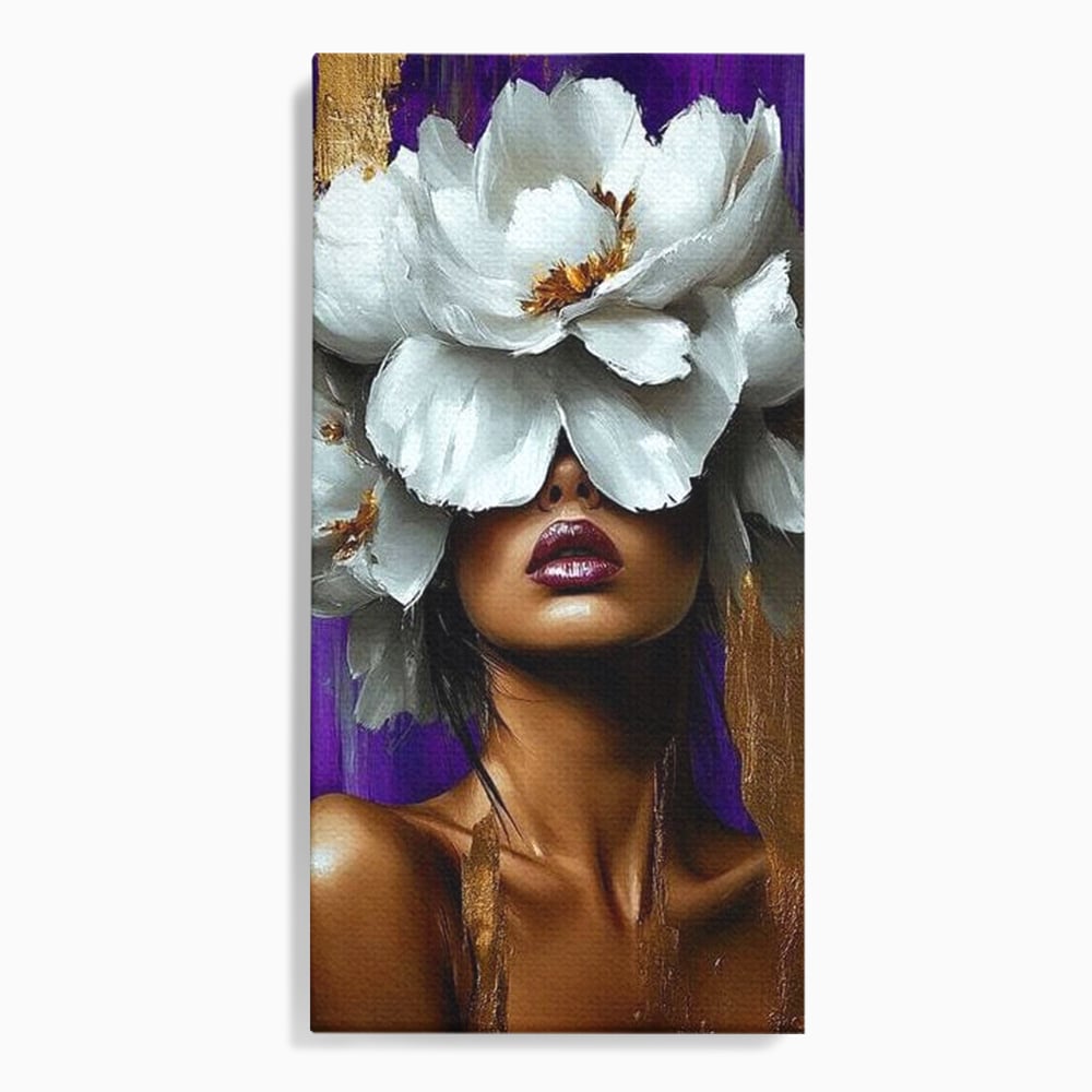 Tablou canvas cu tablou canvas cu femeie si flori albe, fara rama, pe sasiu de lemn