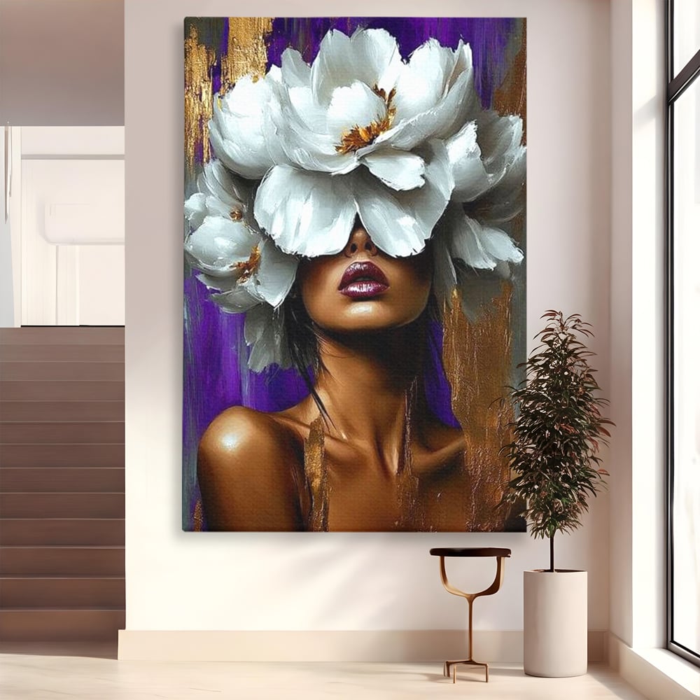 Tablou canvas cu tablou canvas cu femeie si flori albe, fara rama, pe sasiu de lemn