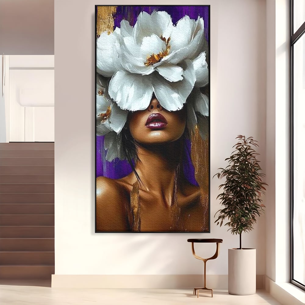 Tablou canvas cu tablou canvas cu femeie si flori albe, in rama de aluminiu negru