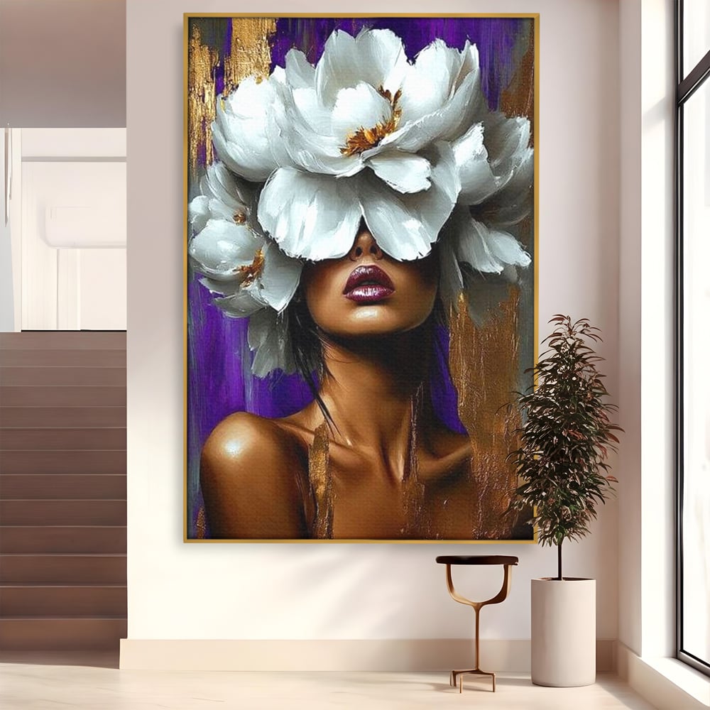 Tablou canvas cu tablou canvas cu femeie si flori albe, in rama de aluminiu auriu