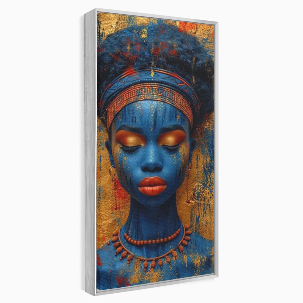 Tablou canvas cu portret de femeie cu piele albastra, in rama de aluminiu argintiu