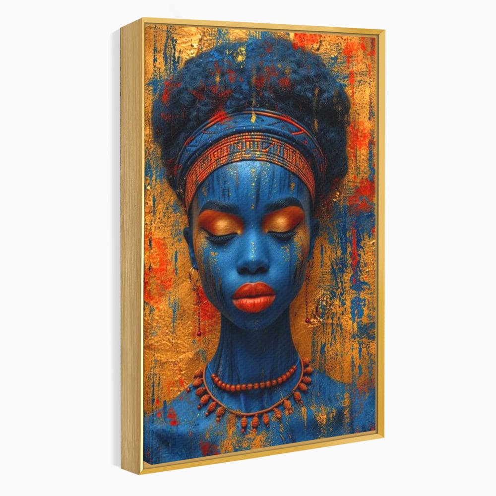 Tablou canvas cu portret de femeie cu piele albastra, in rama de aluminiu auriu