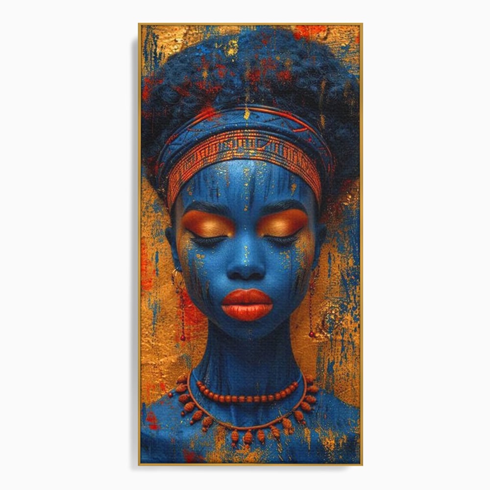 Tablou canvas cu portret de femeie cu piele albastra, in rama de aluminiu auriu