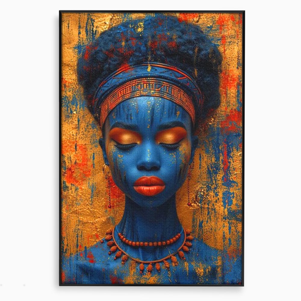 Tablou canvas cu portret de femeie cu piele albastra, in rama de aluminiu negru