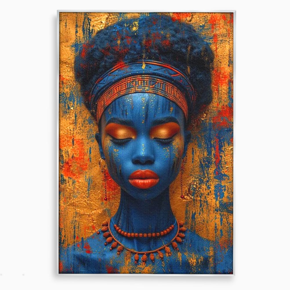 Tablou canvas cu portret de femeie cu piele albastra, in rama de aluminiu argintiu