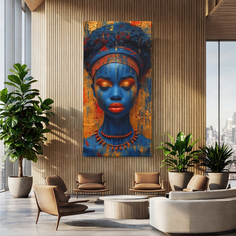 Tablou canvas cu portret de femeie cu piele albastra, fara rama, pe sasiu de lemn, pe perete intr-un birou