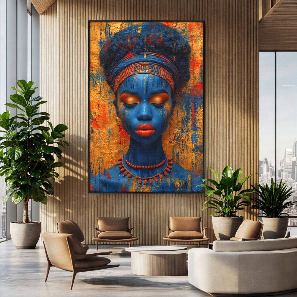 Tablou canvas cu portret de femeie cu piele albastra, in rama de aluminiu negru, pe perete intr-un birou