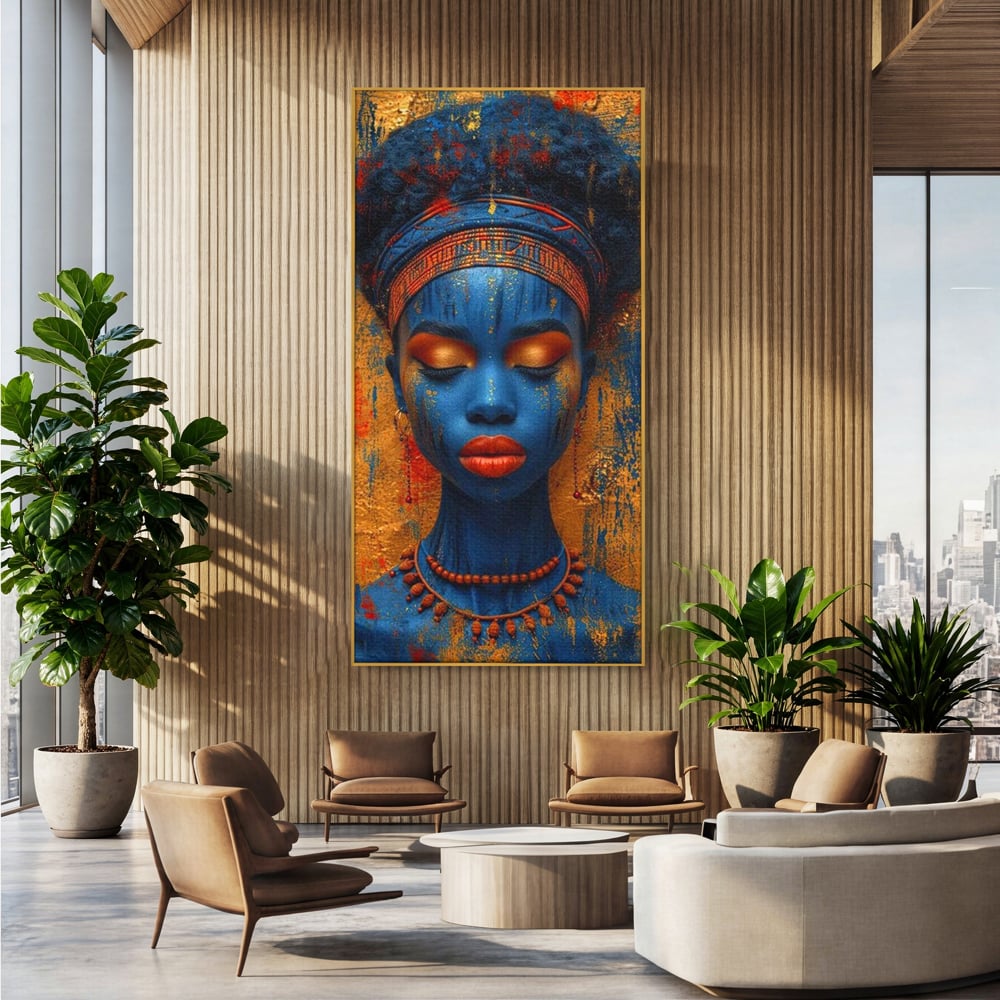 Tablou canvas cu portret de femeie cu piele albastra, in rama de aluminiu auriu, pe perete intr-un birou