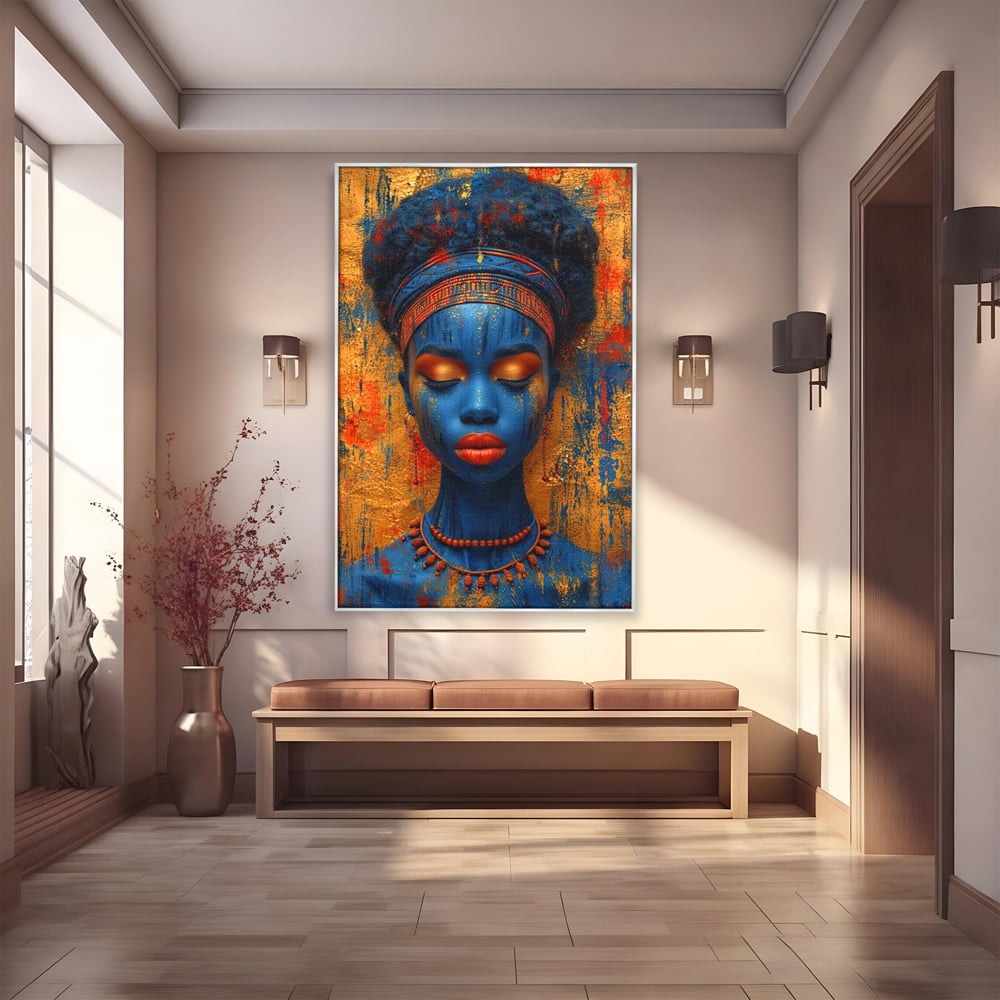 Tablou canvas cu portret de femeie cu piele albastra, in rama de aluminiu argintiu