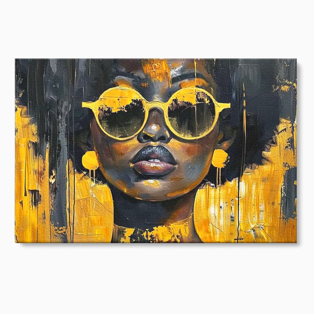 Tablou canvas cu tablou canvas cu femeie afro si ochelari, fara rama, pe sasiu de lemn