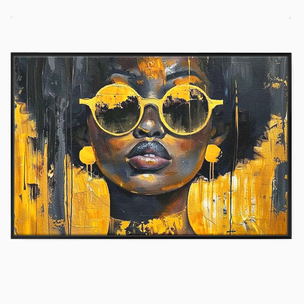 Tablou canvas cu tablou canvas cu femeie afro si ochelari, in rama de aluminiu negru