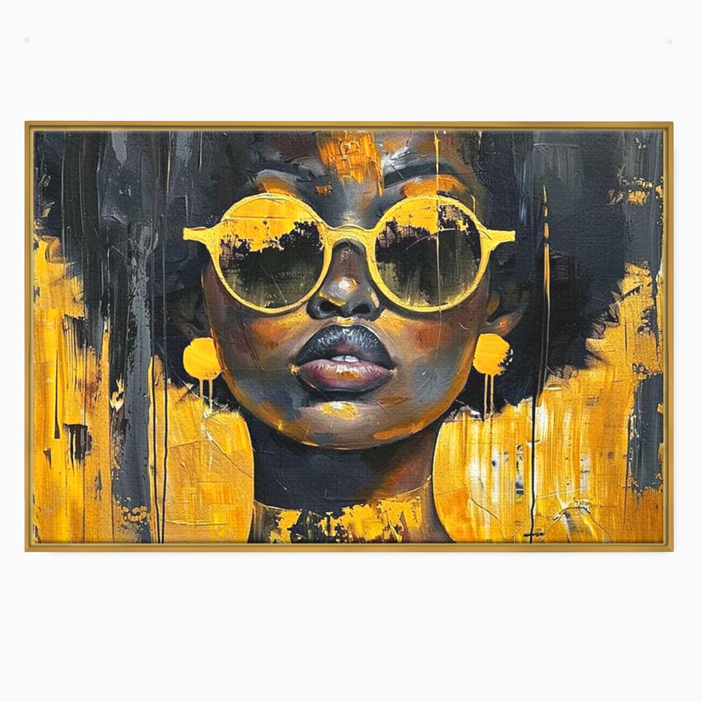 Tablou canvas cu tablou canvas cu femeie afro si ochelari, in rama de aluminiu auriu