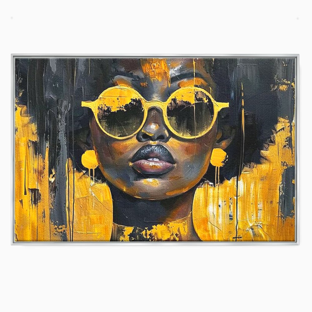 Tablou canvas cu tablou canvas cu femeie afro si ochelari, in rama de aluminiu argintiu