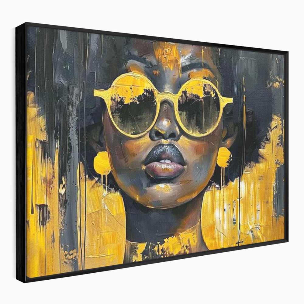 Tablou canvas cu tablou canvas cu femeie afro si ochelari, in rama de aluminiu negru