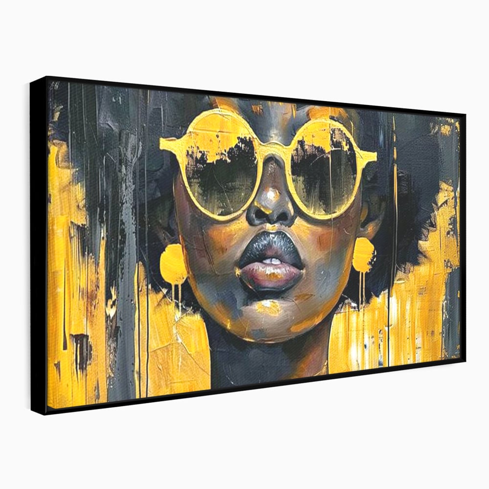 Tablou canvas cu tablou canvas cu femeie afro si ochelari, in rama de aluminiu negru