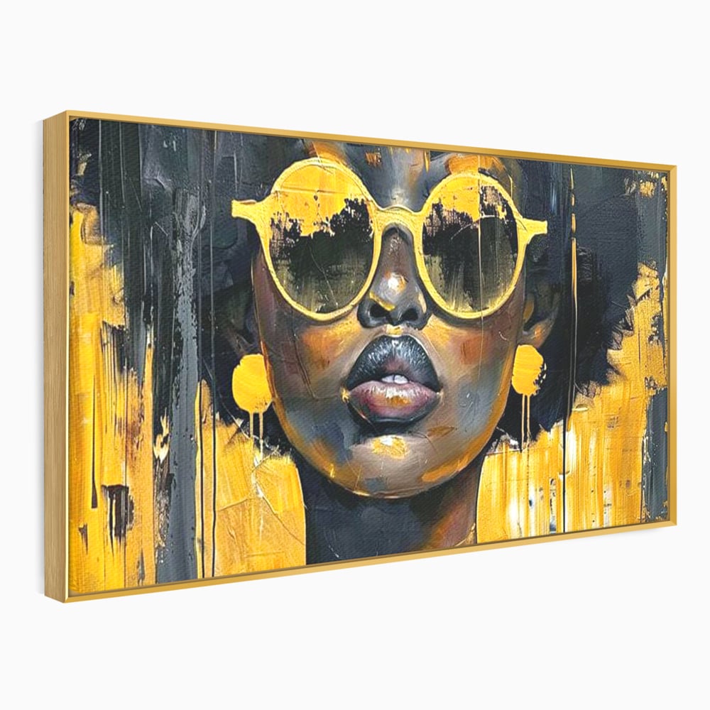 Tablou canvas cu tablou canvas cu femeie afro si ochelari, in rama de aluminiu auriu