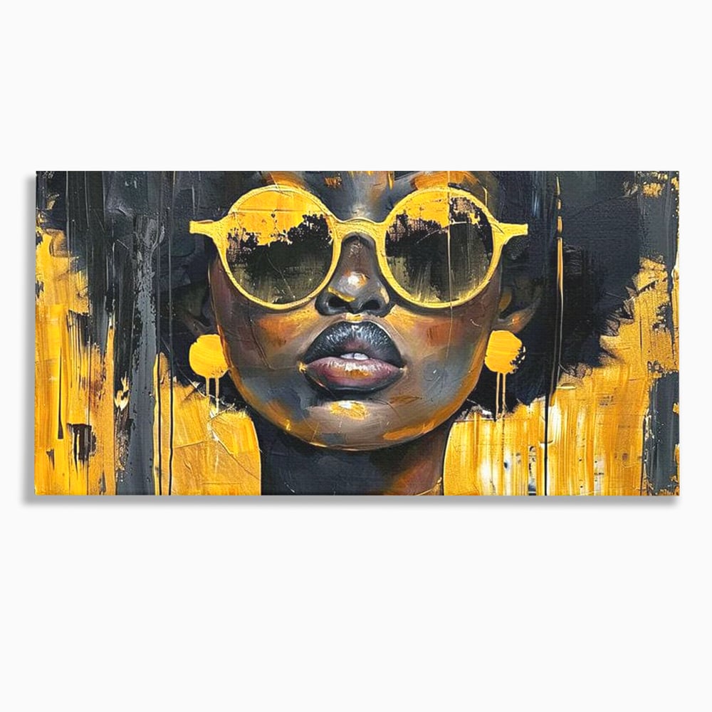 Tablou canvas cu tablou canvas cu femeie afro si ochelari, fara rama, pe sasiu de lemn