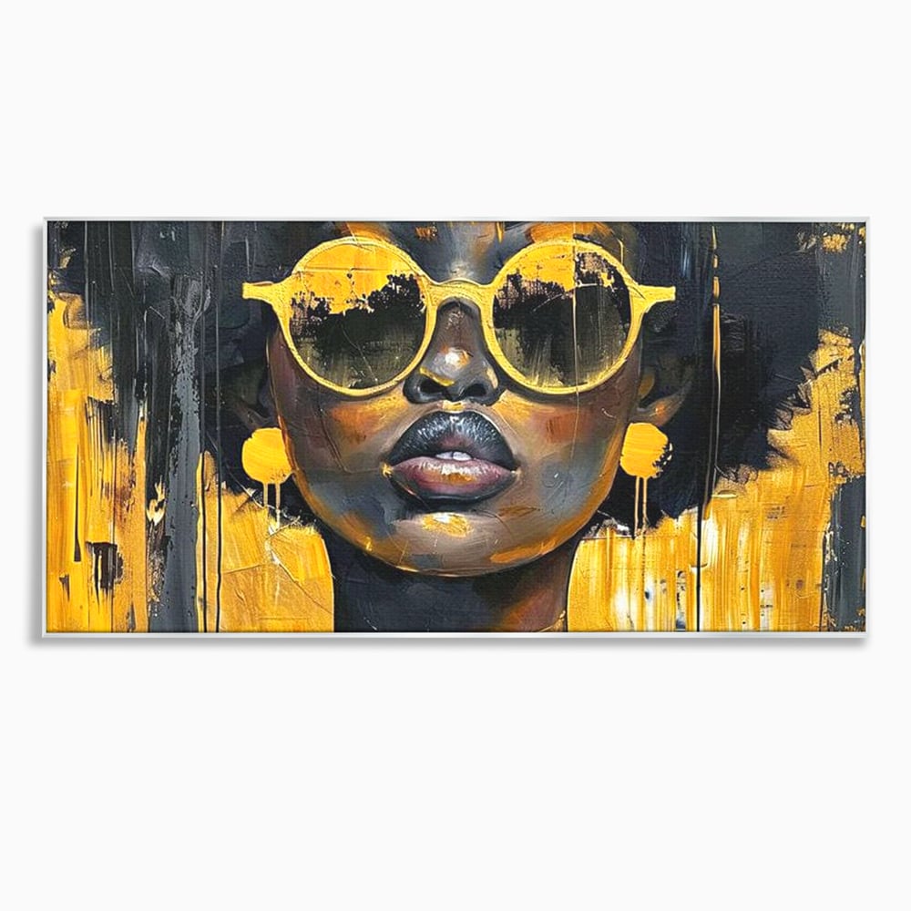 Tablou canvas cu tablou canvas cu femeie afro si ochelari, in rama de aluminiu argintiu