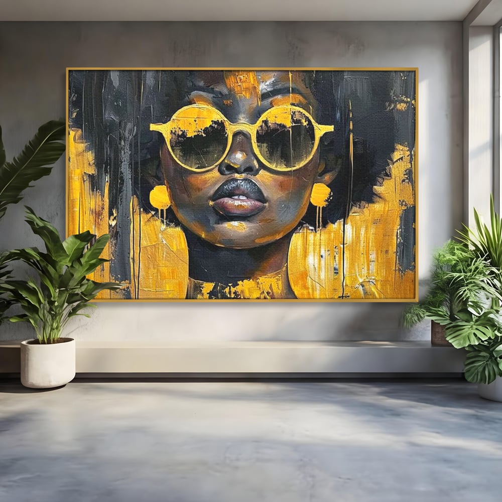 Tablou canvas cu tablou canvas cu femeie afro si ochelari, in rama de aluminiu auriu