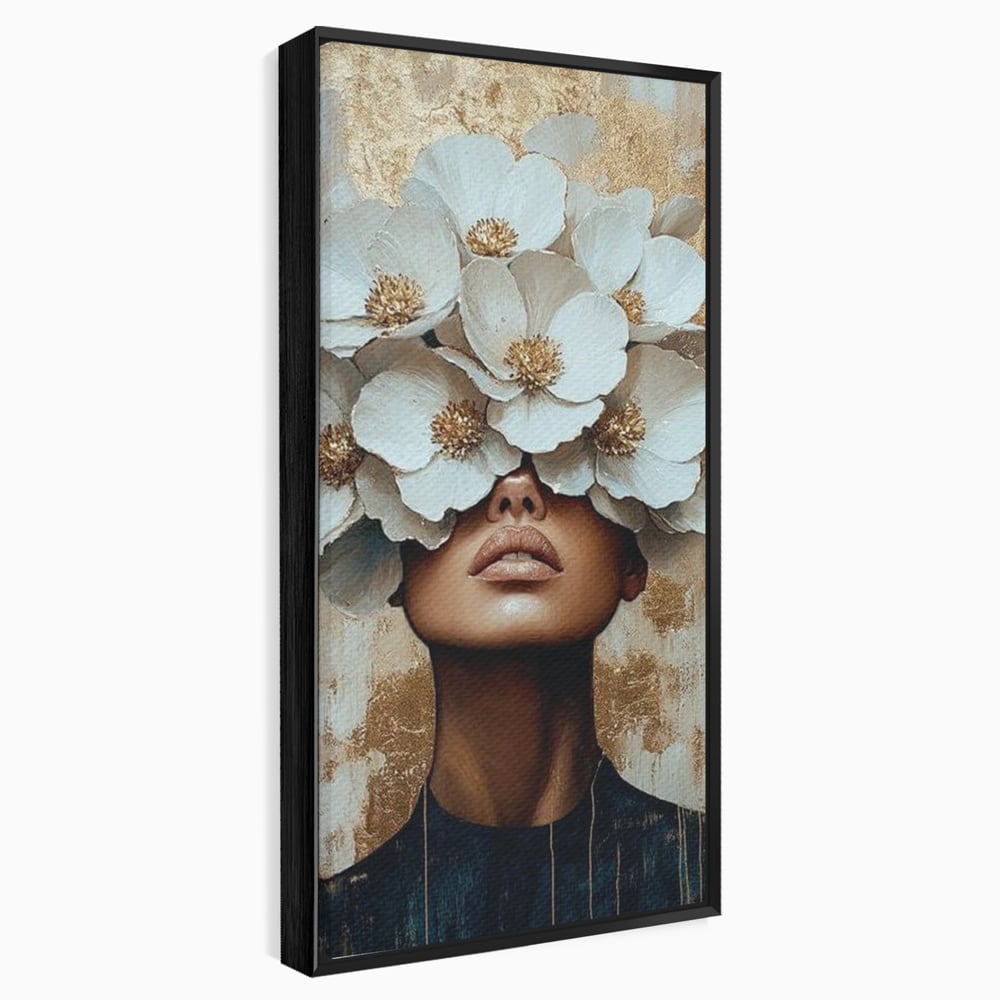 Tablou canvas cu tablou canvas portret feminin cu flori, in rama de aluminiu negru