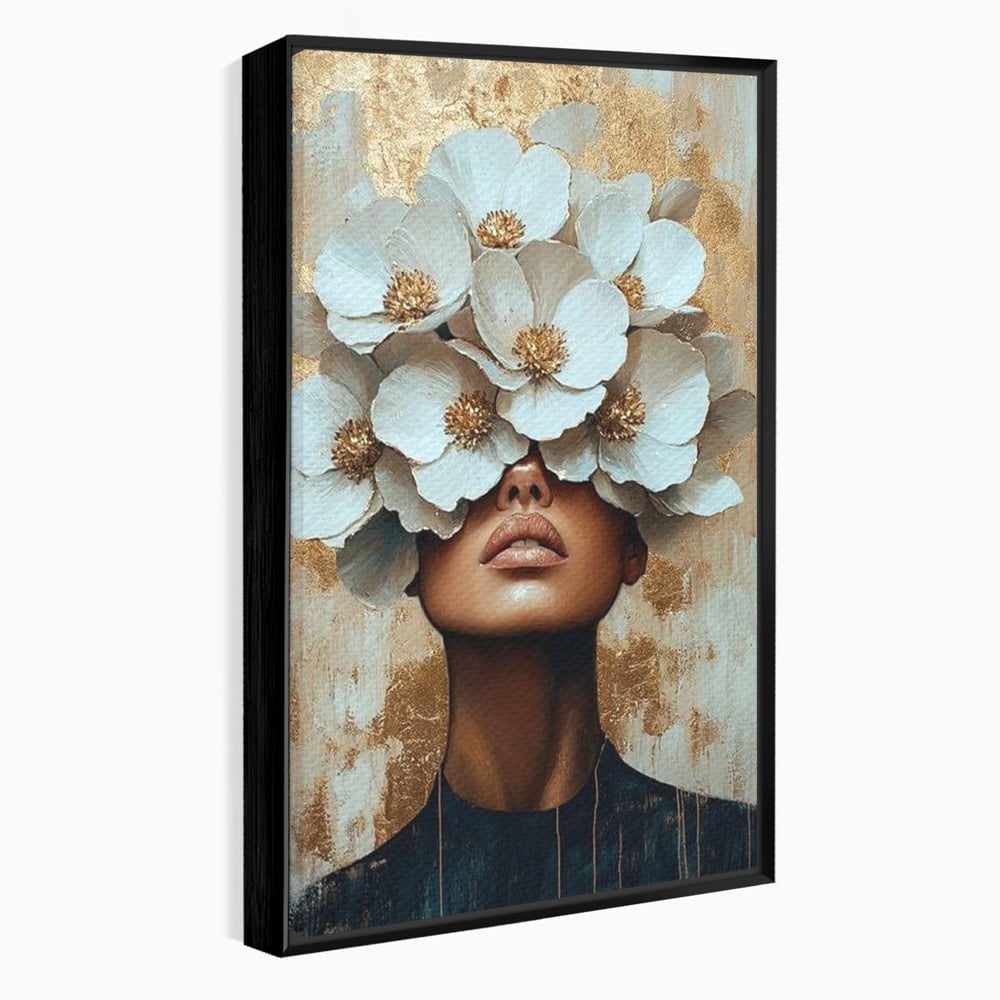 Tablou canvas cu tablou canvas portret feminin cu flori, in rama de aluminiu negru