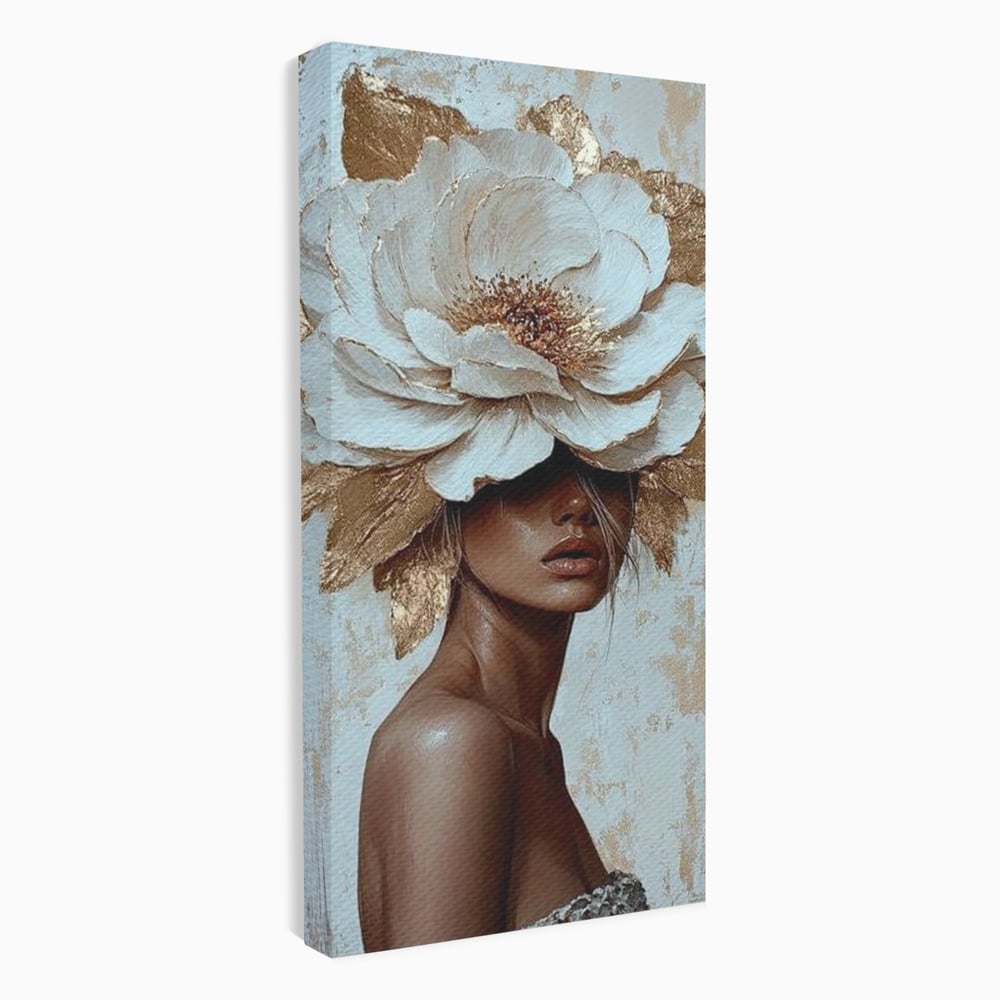 Tablou canvas cu tablou canvas cu portret si floare aurie, fara rama, pe sasiu de lemn