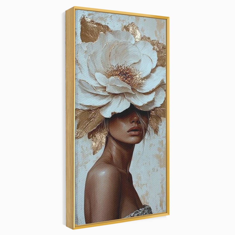 Tablou canvas cu tablou canvas cu portret si floare aurie, in rama de aluminiu auriu