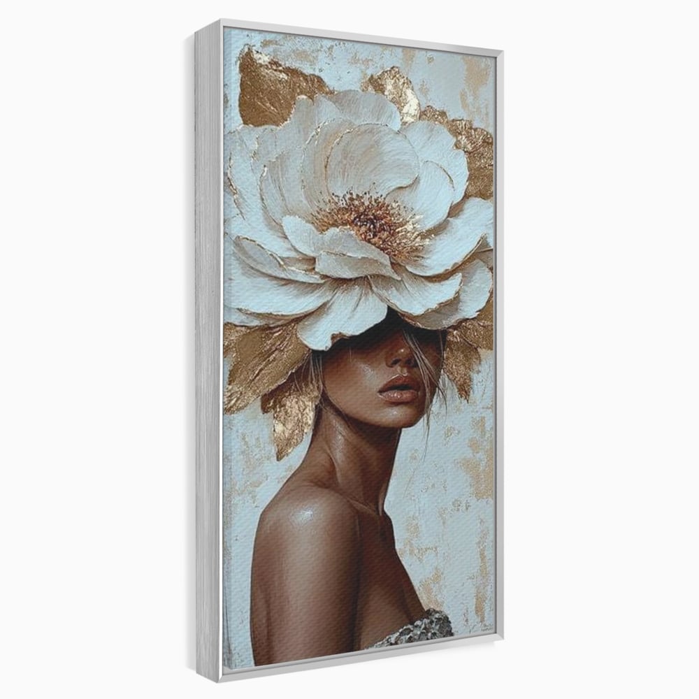 Tablou canvas cu tablou canvas cu portret si floare aurie, in rama de aluminiu argintiu