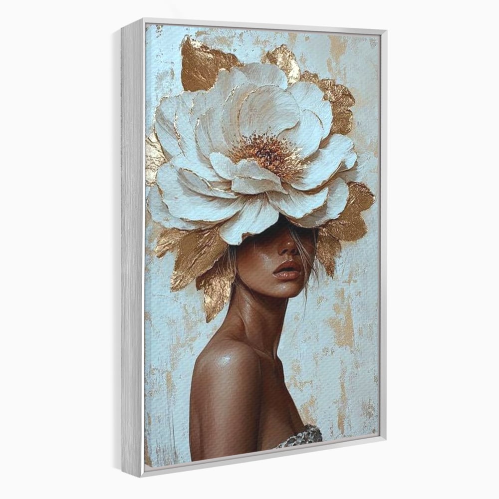 Tablou canvas cu tablou canvas cu portret si floare aurie, in rama de aluminiu argintiu