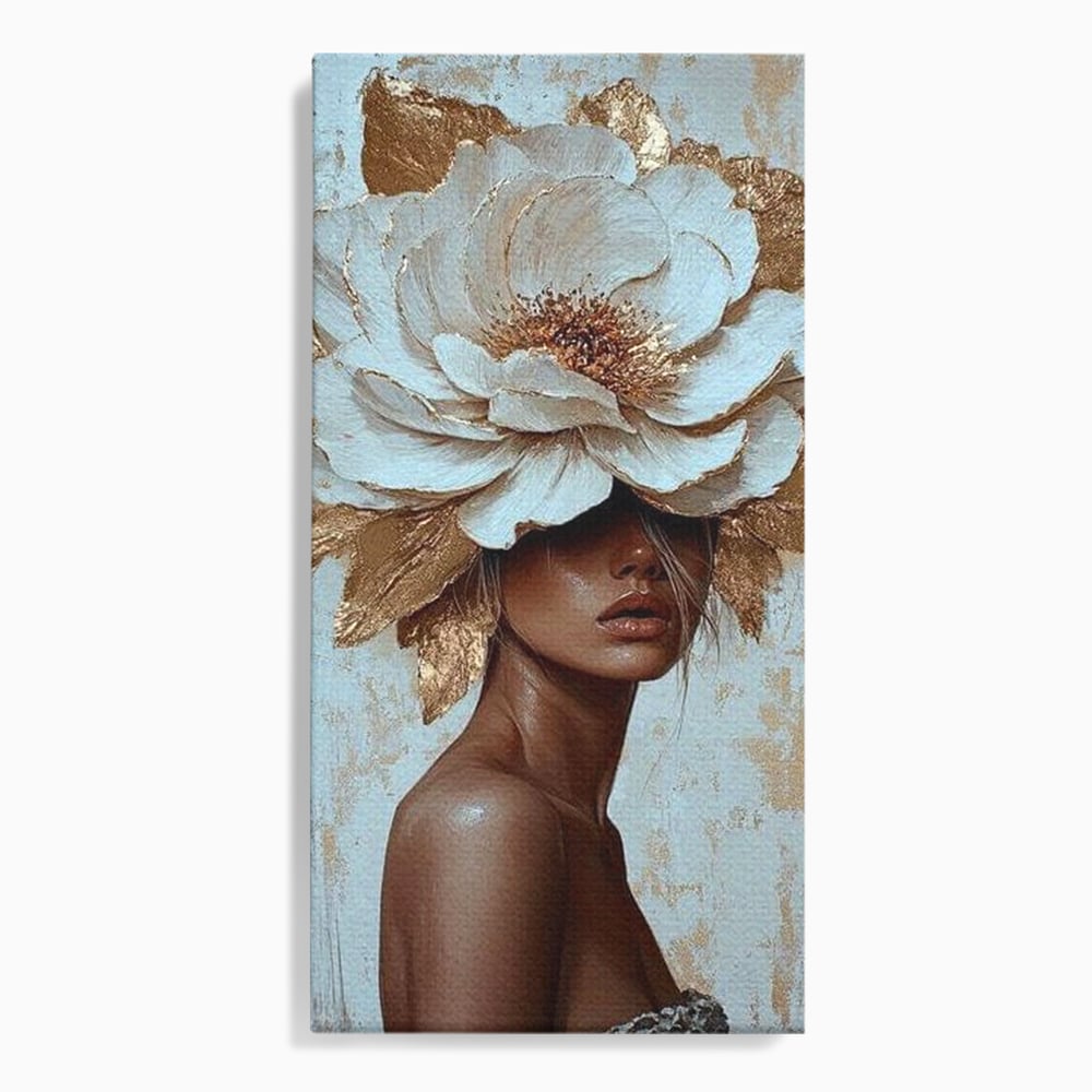 Tablou canvas cu tablou canvas cu portret si floare aurie, fara rama, pe sasiu de lemn