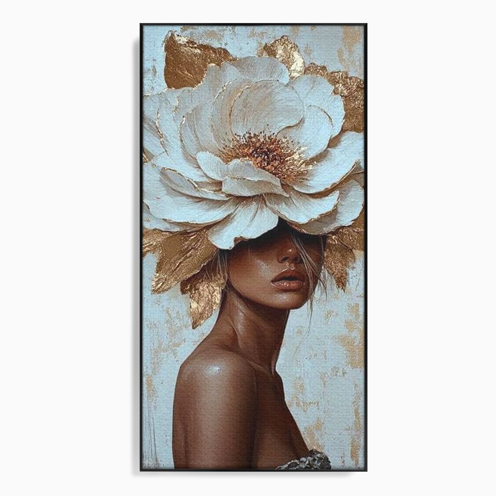 Tablou canvas cu tablou canvas cu portret si floare aurie, in rama de aluminiu negru