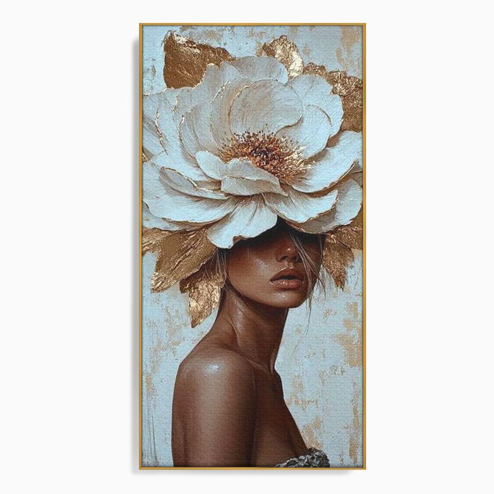 Tablou canvas cu tablou canvas cu portret si floare aurie, in rama de aluminiu auriu