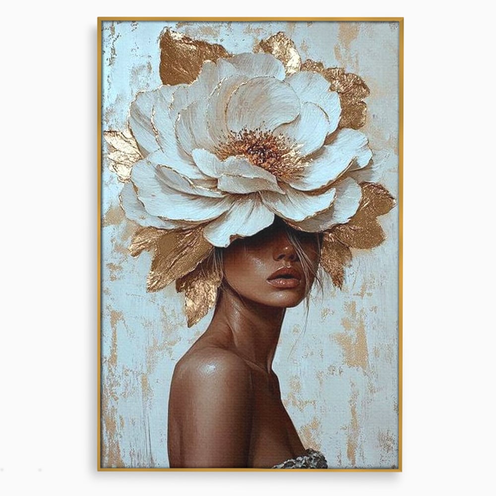 Tablou canvas cu tablou canvas cu portret si floare aurie, in rama de aluminiu auriu