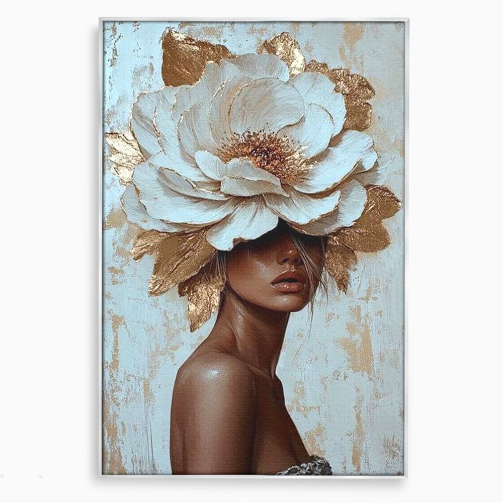 Tablou canvas cu tablou canvas cu portret si floare aurie, in rama de aluminiu argintiu