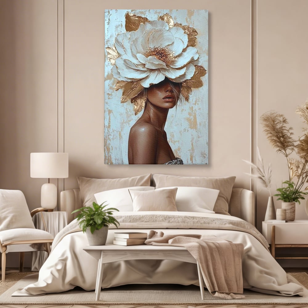 Tablou canvas cu tablou canvas cu portret si floare aurie, fara rama, pe sasiu de lemn, pe perete intr-un dormitor