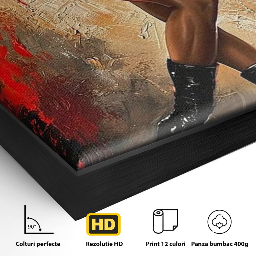 Detaliu al suprafetei: tablou canvas cu silueta de dansatoare, in rama de aluminiu negru