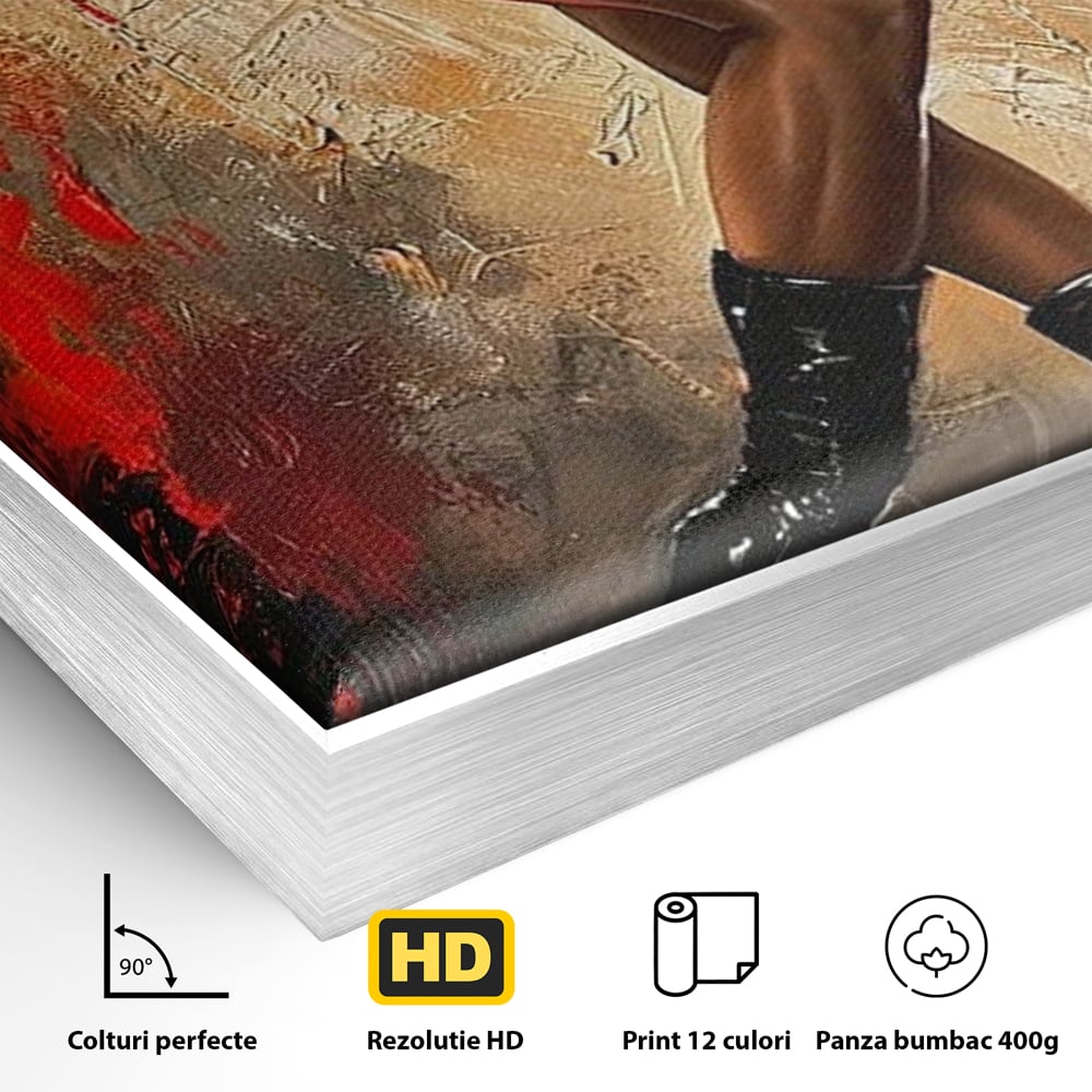 Detaliu al suprafetei: tablou canvas cu silueta de dansatoare, in rama de aluminiu argintiu