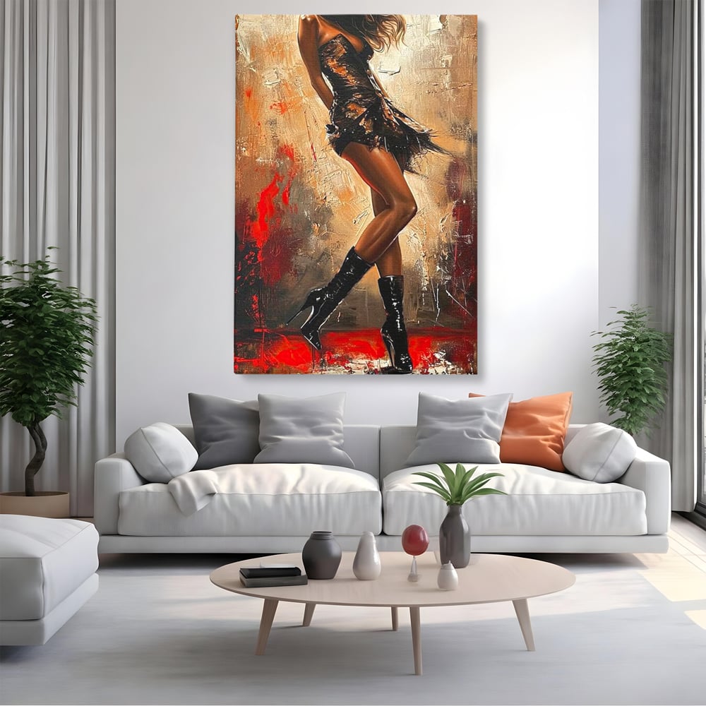 Tablou canvas cu tablou canvas cu silueta de dansatoare, fara rama, pe sasiu de lemn, pe perete intr-un living